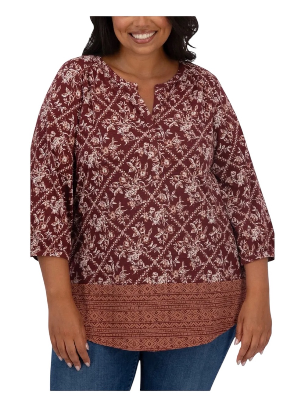 LUCKY BRAND Burgundy Floral Notch-Neck Tunic with Contrast Hem NWT sz 2X